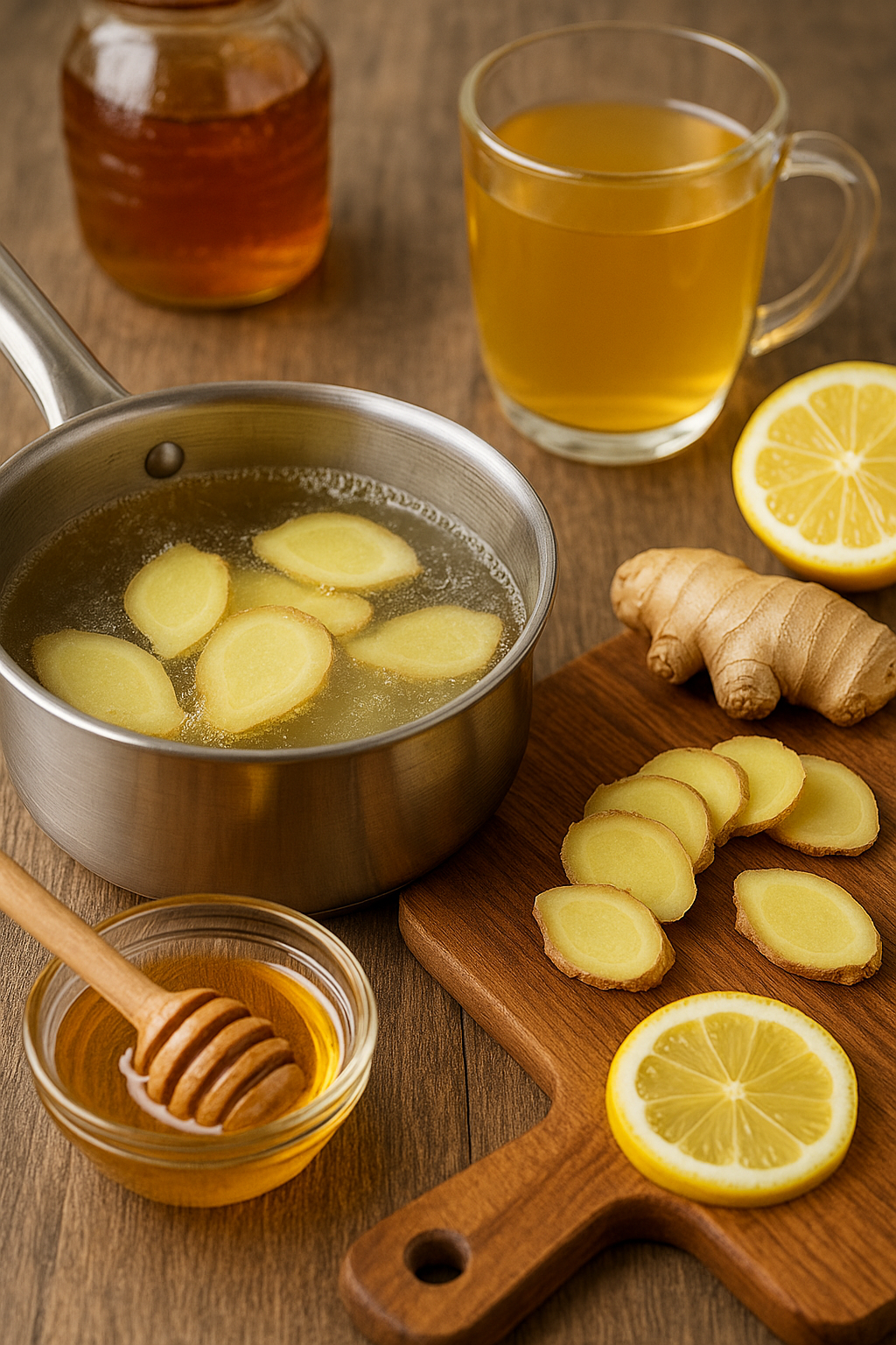 얇게 썬 생강을 냄비에 끓이고 꿀과 레몬을 곁들인 생강차 준비 과정 실사