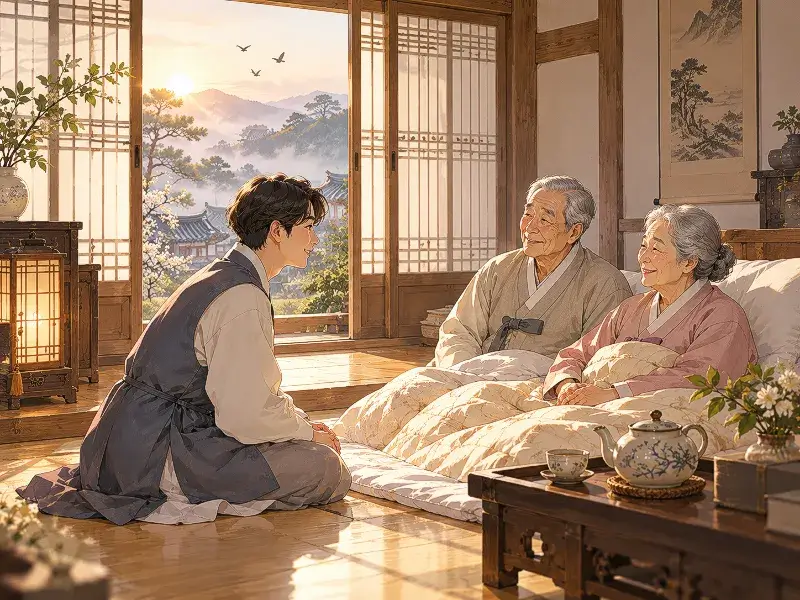 Traditional Korean hanok morning scene showing a child respectfully greeting elderly parents, symbolizing filial piety, care, and morning respect.