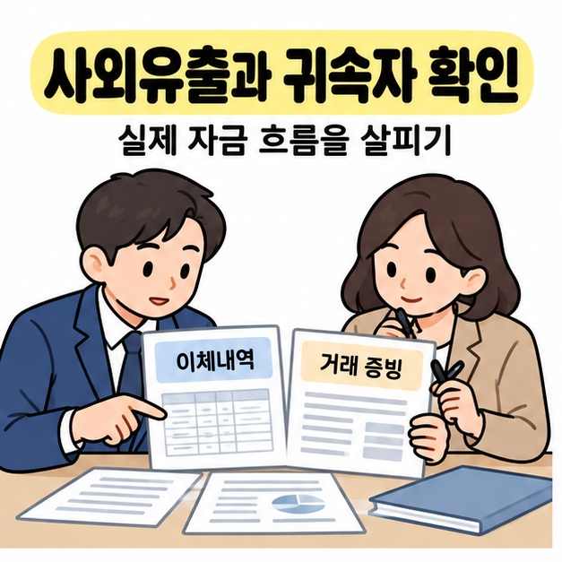 회사 담당자와 상담자가 이체내역과 거래 증빙을 대조하며 사외유출과 실제 귀속자를 확인하는 모습