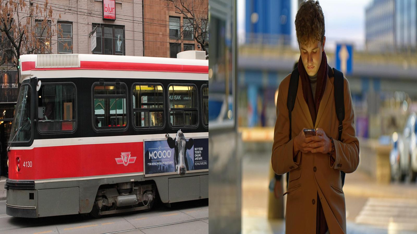 왼편에 대중교통 이미지와 오른편에 스마트폰을 보고 있는 학생