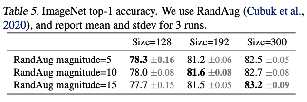 performance by image size and randaug's magnitude