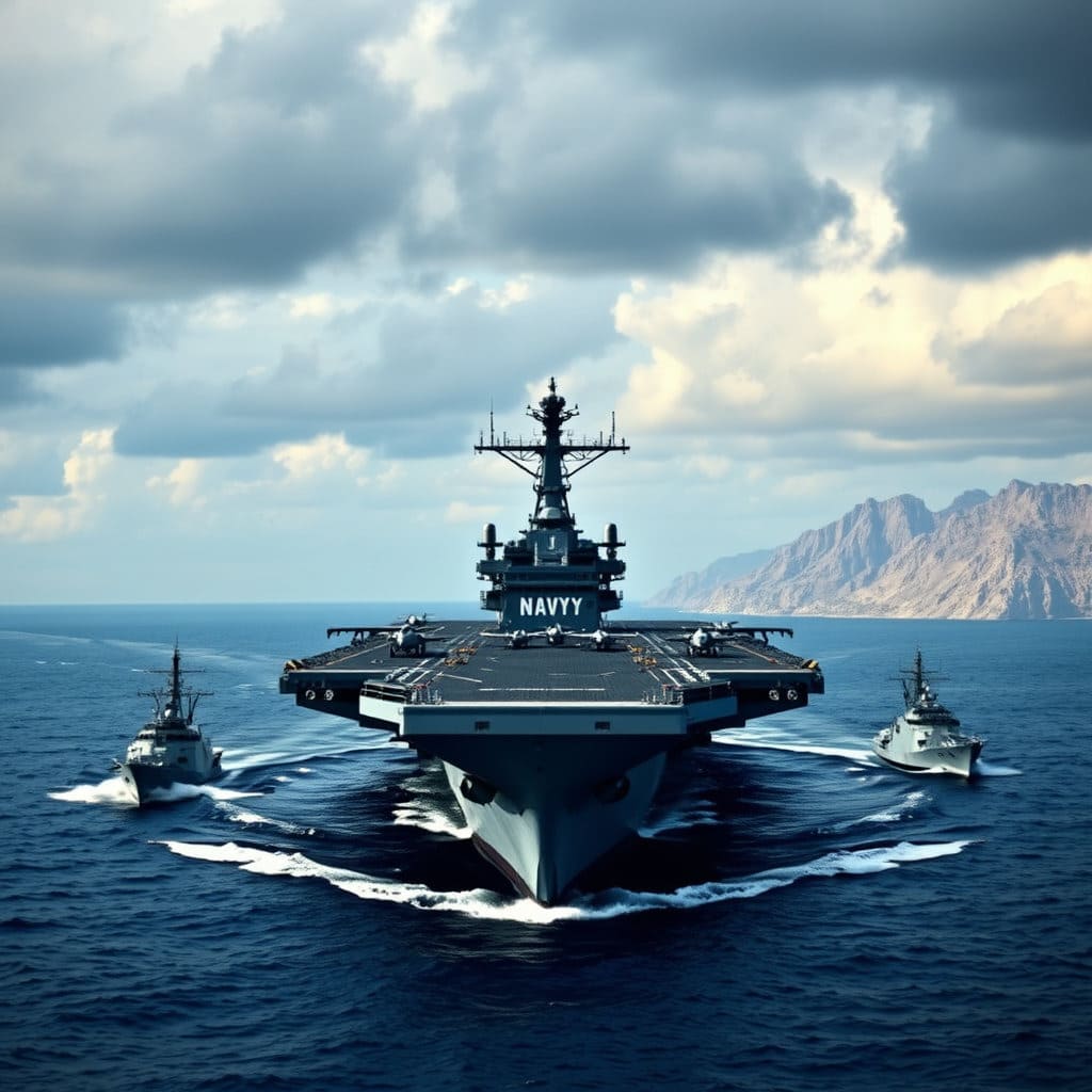 이란의 봉쇄 위협에 맞서는 미국의 군사적 억지력을 보여줍니다. 미 해군 제5함대가 해협의 자유로운 통항을 보장하기 위해 어떤 역할을 하는지 시각적으로 전달하여, 긴장감 속에서도 균형을 유지하려는 국제 사회의 노력을 나타냅니다.