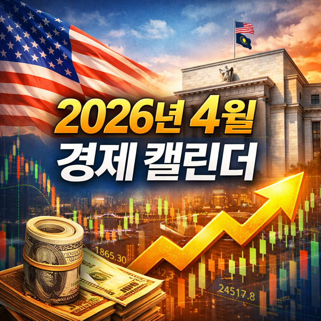 미국 국기와 연준 건물, 상승 화살표와 캔들 차트 위에 2026년 4월 경제 캘린더 문구가 배치된 경제 일정 썸네일