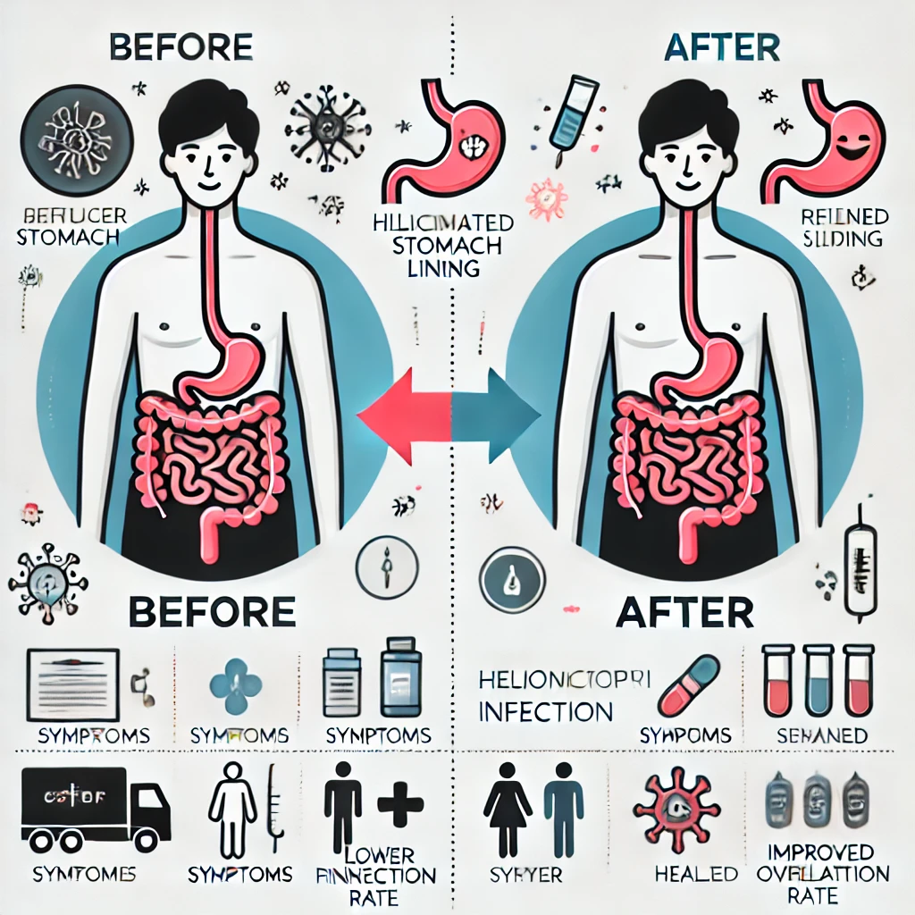 헬리코박터 치료 전후 차이를 비교해서 표현한 이미지