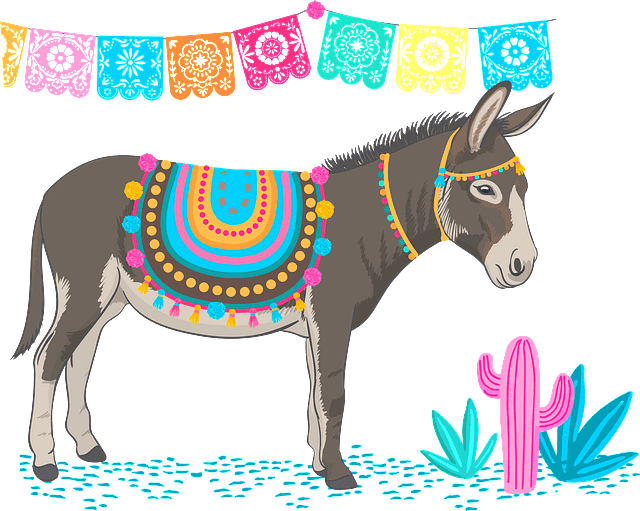 회색 당나귀 한 마리가 서 있다. 등에는 화려한 양탄자가 덮여있다.