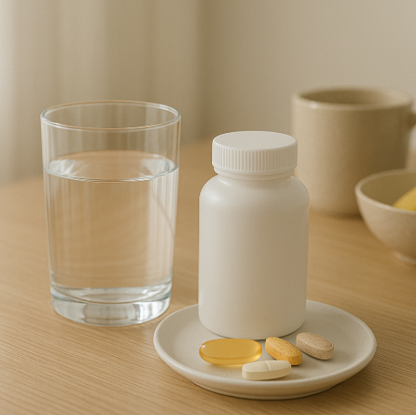 물과 건강기능식품이 있는 사진