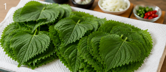 싱싱하고 푸르스름한 깻잎들이 깨끗이 세척된 후 키친타월 위에서 물기 하나 없이 보송하게 정돈되어 있는 정갈한 주방