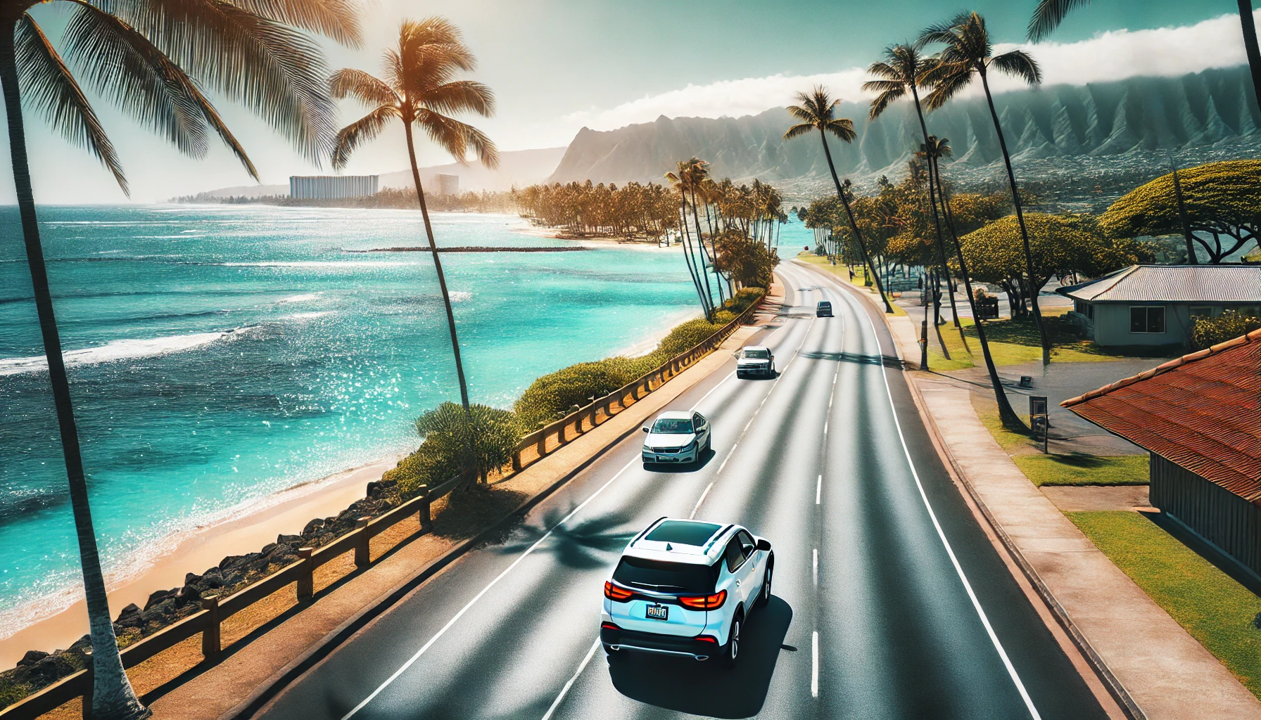호놀룰루 해안 도로를 따라 달리는 렌터카와 멋진 오션뷰 이미지