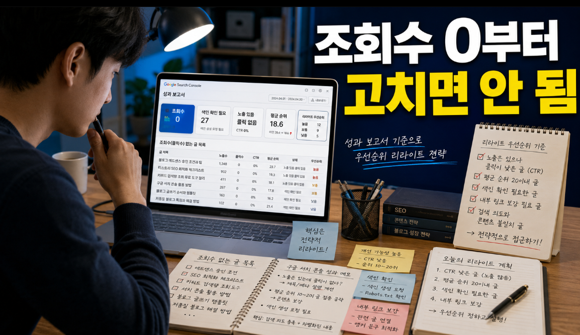 티스토리 블로거가 구글 서치 콘솔에서 평균 게재순위 11~30위 글을 찾아 리라이트 후보로 분류하는 이미지
