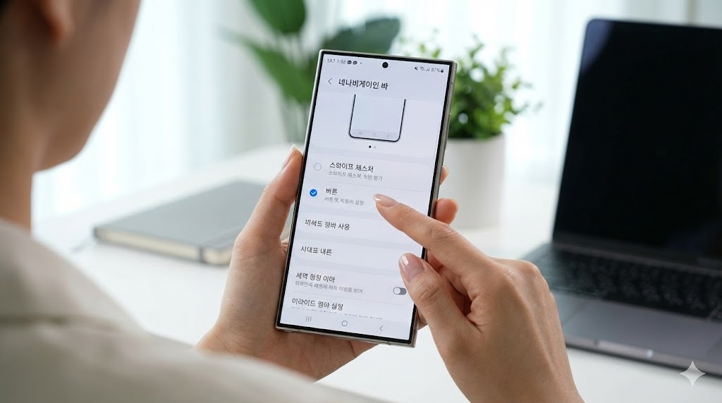 스마트폰 설정에서 '내비게이션 바' 형식을 '버튼'으로 변경하는 손가락 클로즈업.