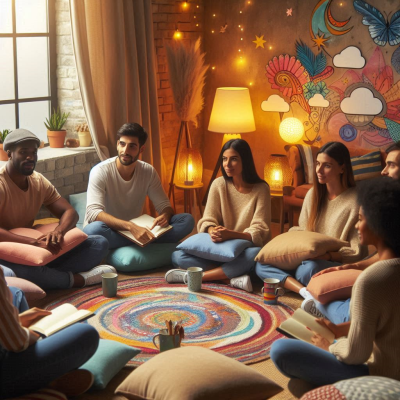 사람들이 다양한 꿈에 대해 토론하는 모습입니다. 여러 개의 쿠션과 책들이 방 안에 놓여 있습니다.