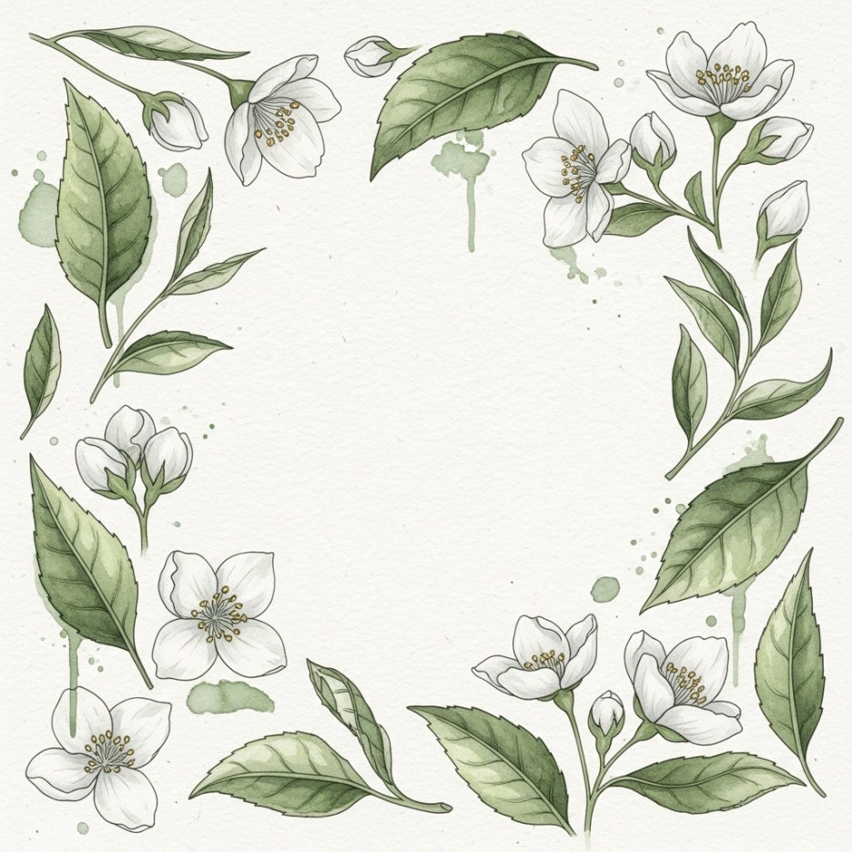 신선한 찻잎과 자스민 꽃이 어우러진 수채화 삽화