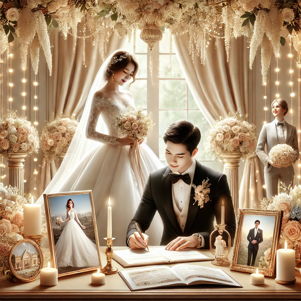 웨딩 박람회에서 계약하는 신랑·신부 이미지