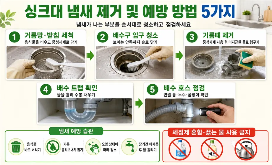 싱크대 냄새 제거 및 예방 방법 5가지인 거름망 세척, 배수구 청소, 기름때 제거, 배수 트랩과 배수 호스 점검 방법
