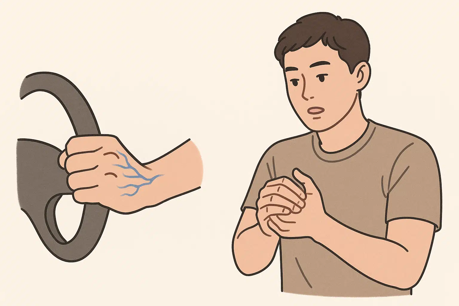 핸들을 꽉 쥐고 있는 손에서 혈관이 눌려 파랗게 표현.
손을 털거나 주무르는 동작을 하는 모습