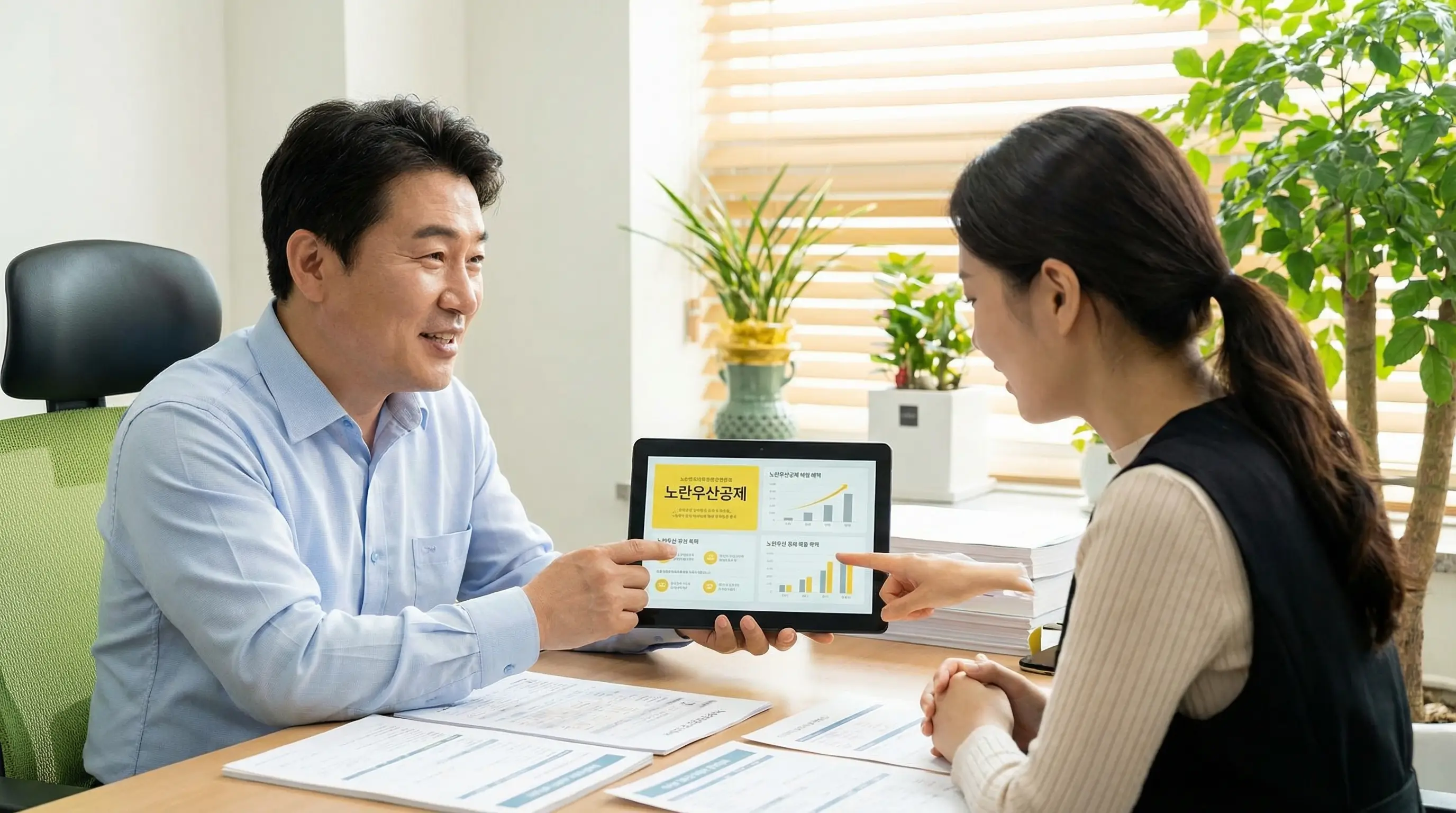 세무사가 태블릿 PC를 이용해 개인사업자에게 노란우산공제 등 다양한 절세 혜택을 설명해 주는 모습
