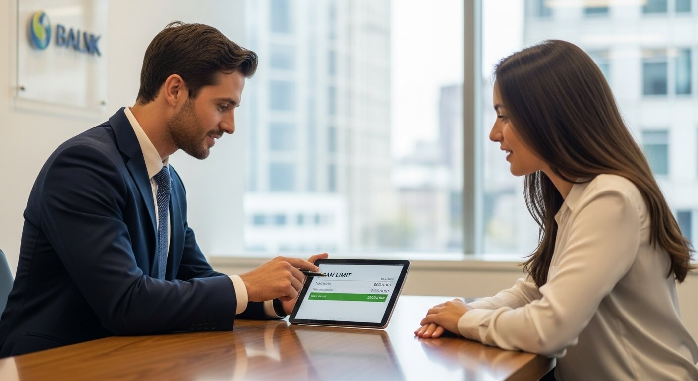 태블릿 화면으로 대출 한도 내역을 설명하는 은행원과 고객