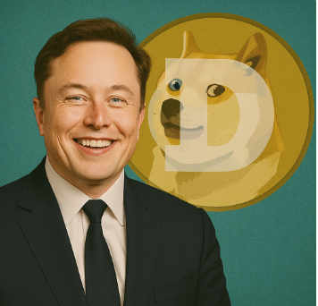 웃는 일론 머스크와 도지코인 사진