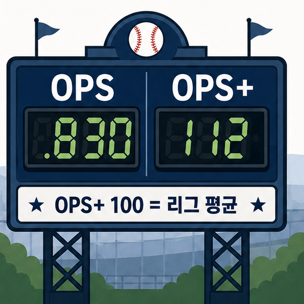 기록판에서 OPS와 OPS+를 비교하고 OPS+ 100이 리그 평균임을 설명한 이미지