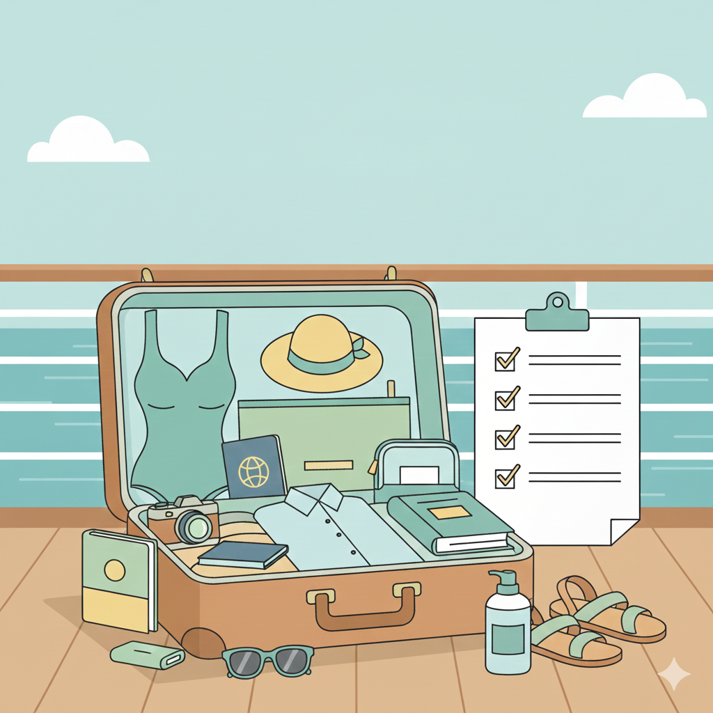 낭만적인 크루즈 여행을 위한 필수 짐 싸기 리스트를 한눈에! 이 이미지는 우아한 선상 만찬부터 햇살 가득한 풀사이드까지, 당신의 완벽한 크루즈 라이프를 위한 모든 것을 담고 있습니다. '진새우깡'의 노하우로 준비한 D-DAY별 짐 싸기 꿀팁과 놓치면 안 될 필수품을 지금 확인하고, 걱정 없이 설레는 항해를 떠나보세요!