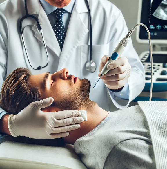 갑상선 세포검사(FNA)를 진행하고 있는 의사와 환자의 모습.