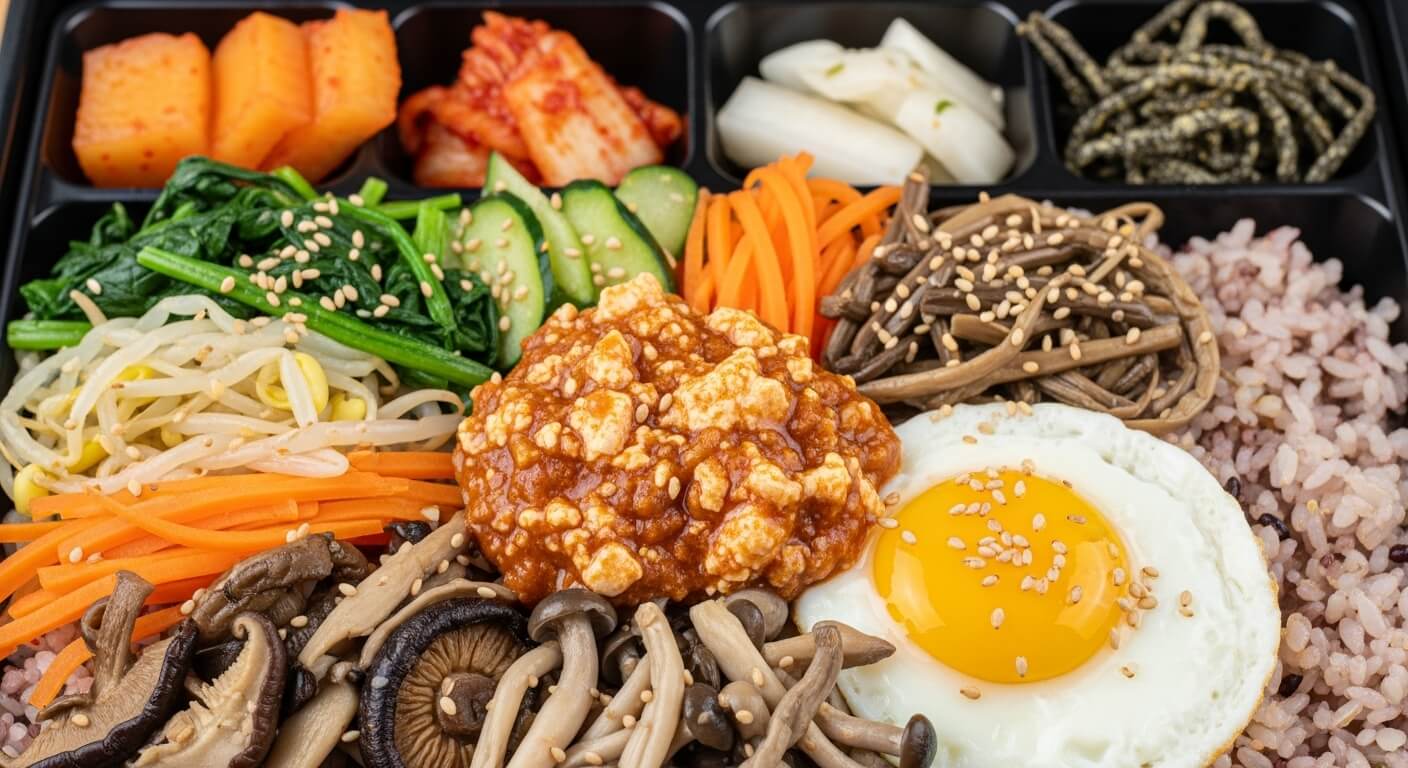 현미밥 위에 버섯, 나물, 두부 강된장이 먹음직스럽게 올려진 건강한 버섯 두부 강된장 비빔밥 도시락.