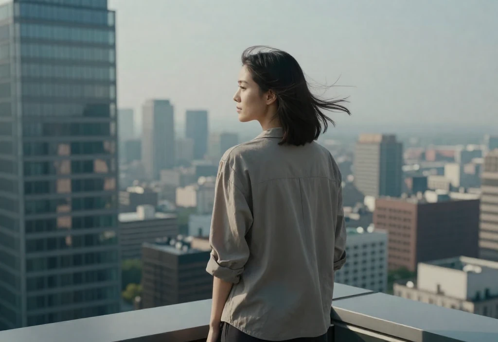 건물 옥상위에서 도시를 바라보고 있는 여성의 모습 ai 이미지