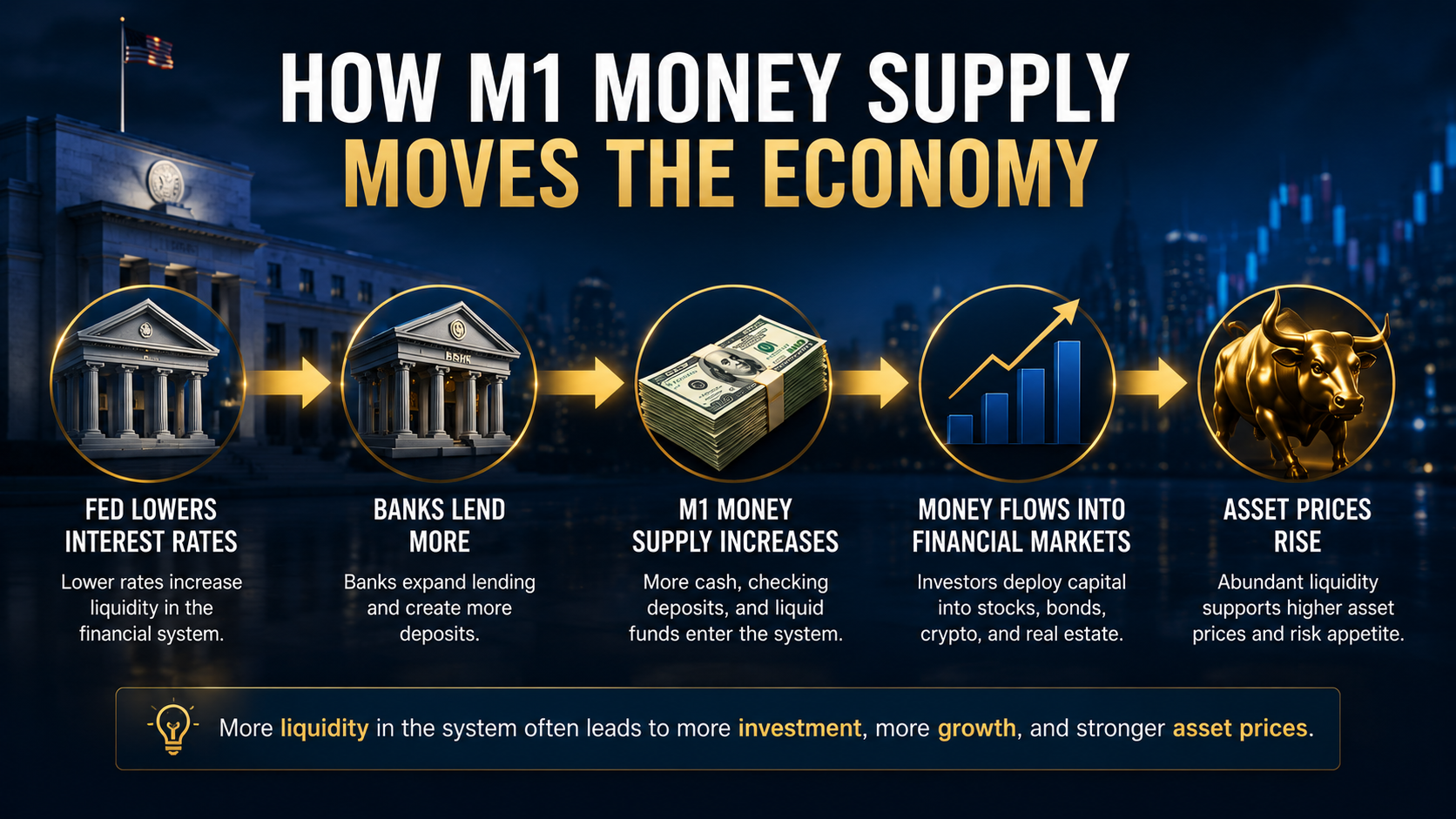 How M1 money supply increases through bank lending and supports liquidity flowing into financial markets