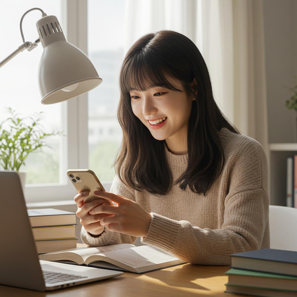 A realistic photo of a university student happily checking scholarship results on a smartphone, sitting at a desk with books and a laptop, bright natural light in the background. 밝은 자연광이 들어오는 책상에서 노트북과 책을 두고, 장학금 결과를 스마트폰으로 확인하며 미소 짓는 대학생의 현실적인 장면, 국가장학금, 웰로 앱, 대학생 등록금