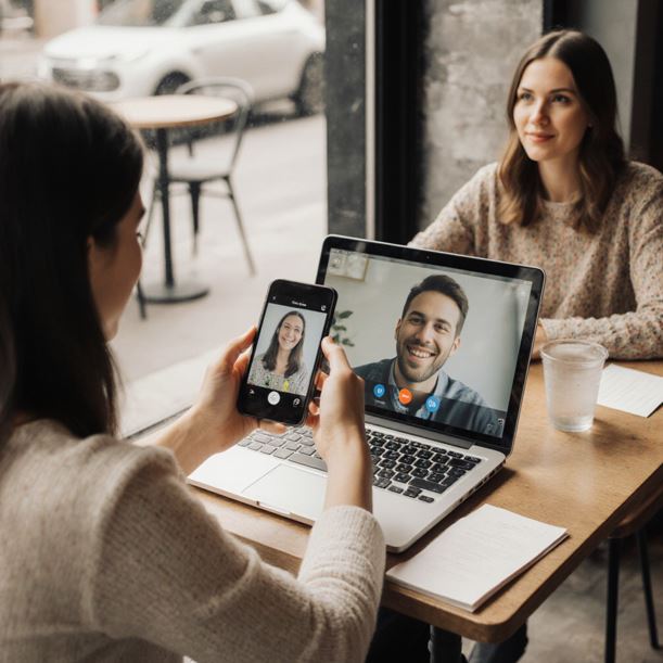 스마트폰과 노트북이 놓인 카페 테이블에서 두 사람이 화상통화를 하면서 동시에 실제로 만나 대화하는 모습