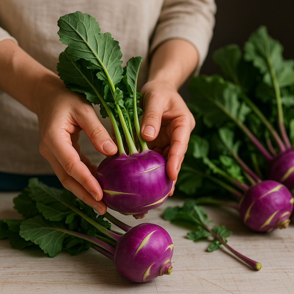 손으로 콜라비를 들고 정리하는 모습