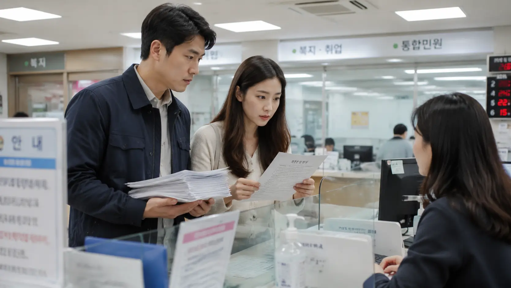 한국의 동주민센터 창구 풍경, 서류 뭉치와 소득 금액 증명원을 손에 들고 심각한 표정으로 창구 직원에게 질문하는 30대 한국인 부부, 창구 위에는 안내판이 흐릿하게 보임, 현실적이고 밝은 형광등 조명, 고해상도 사실주의 8k 사진