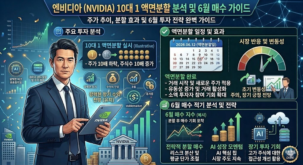 엔비디아 로고와 10대 1 액면분할 주가 차트, 6월 매수 적기 이미지