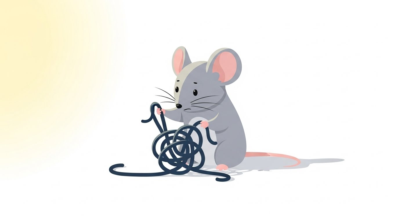 복잡하게 얽힌 매듭을 차분하고 집중력 있게 풀어내는 똑똑한 쥐 캐릭터 일러스트