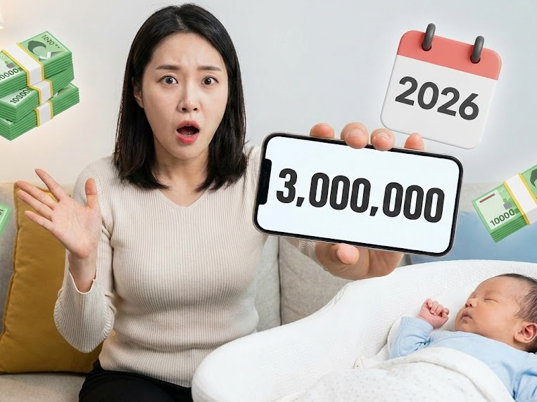 지원금이 들어온 스마트폰 화면을 보고 놀란 표정을 짓는 한국인 엄마와 그 옆에서 자고 있는 아기