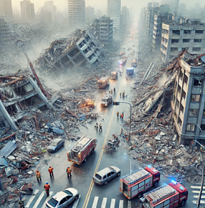 지진으로 무너진 건물과 도로