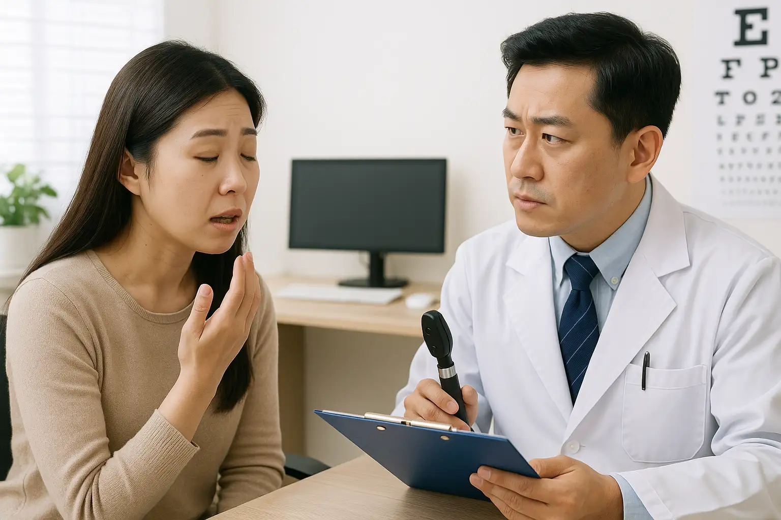 환자가 눈 증상을 설명하고, 의사가 차트와 눈 검진 도구를 들고 상담하는 모습