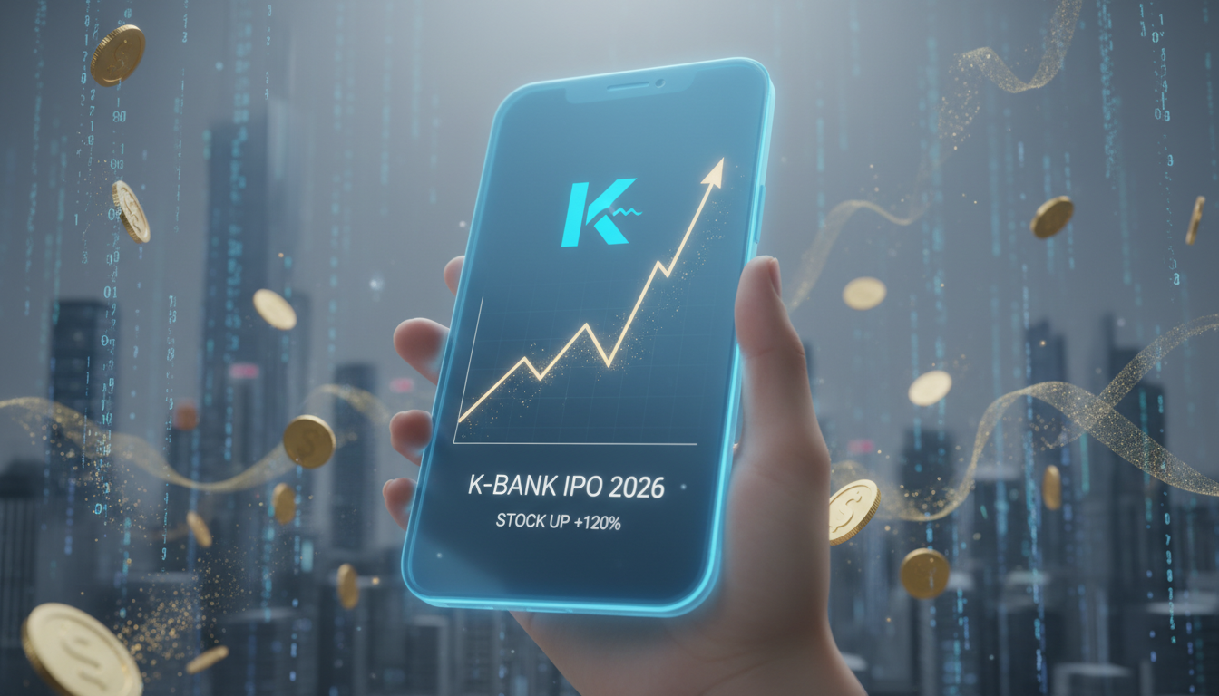 2026년 K뱅크 상장 성공과 수익 상승을 상징하는 스마트폰과 상승 그래프 이미지