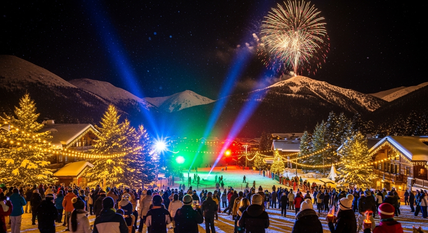 스키장에서 펼쳐지는 화려한 설원 불꽃놀이를 즐기는 사람들