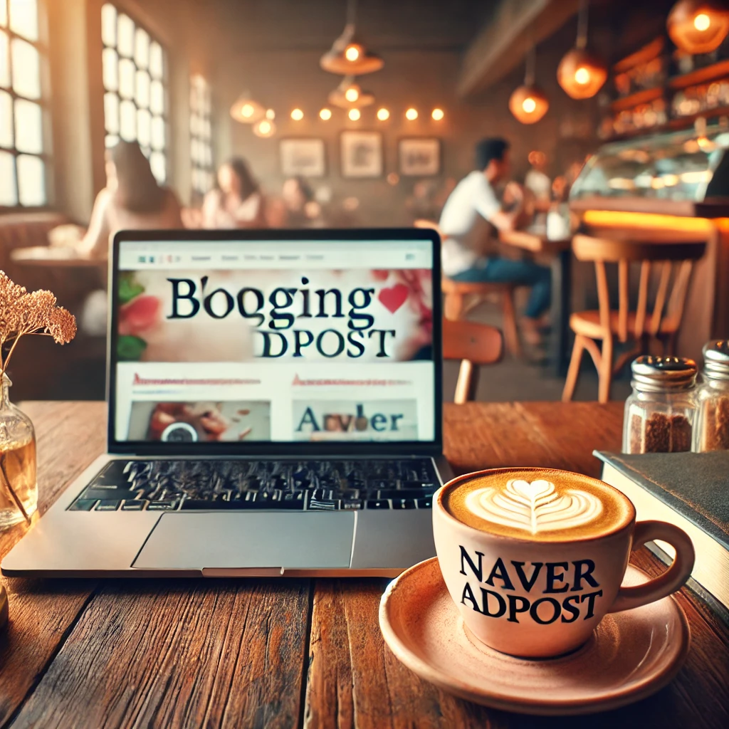 애드포스트 화면이 켜진 노트북, 라떼 아트, 나무 테이블과 따뜻한 카페