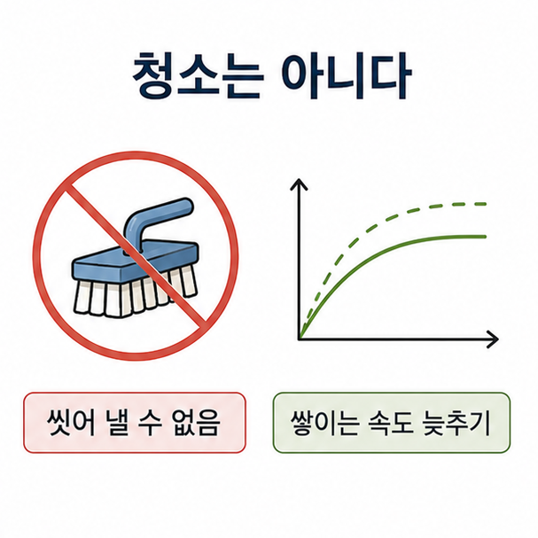 혈관 청소가 가능한지에 대한 비교 도해, 씻어 낼 수 없다는 점과 쌓이는 속도를 늦출 수 있다는 점을 나눈 그림