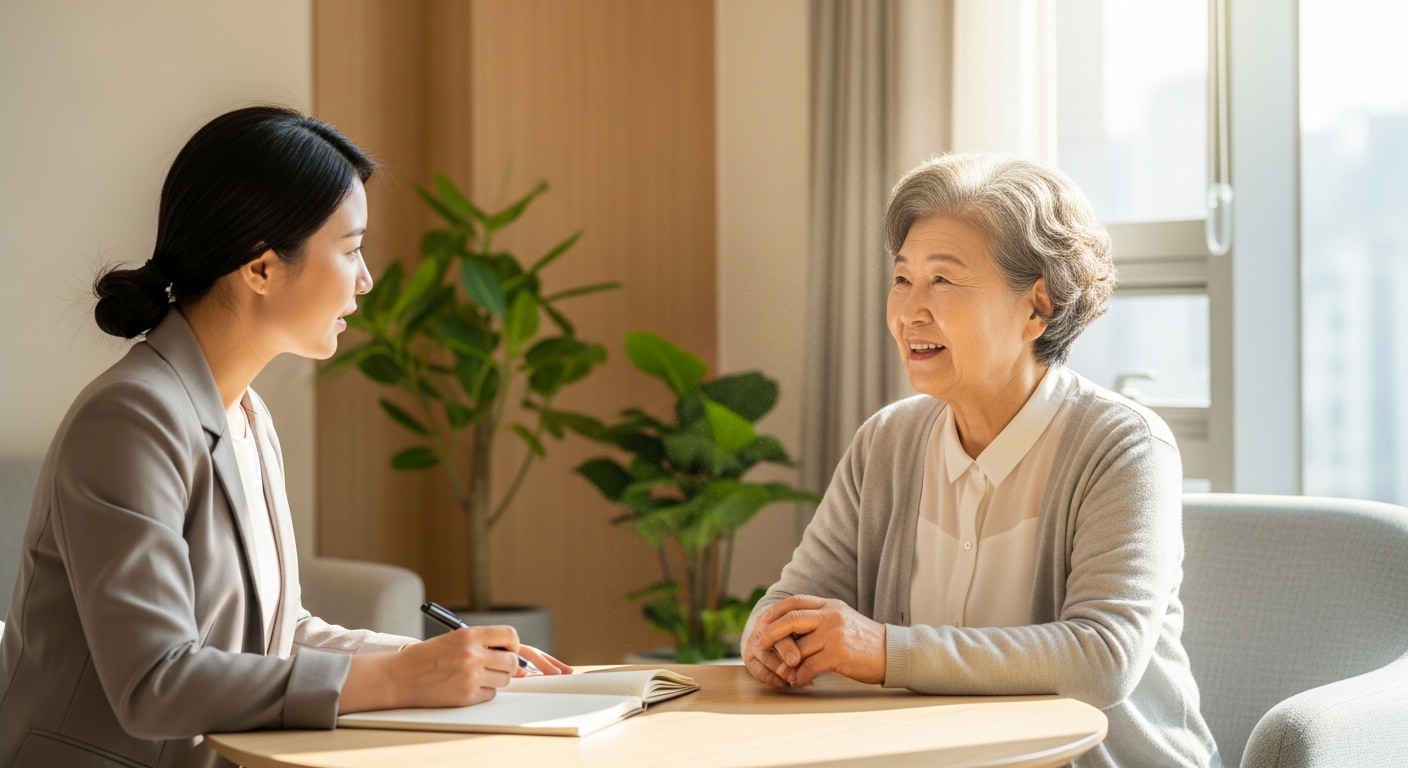 밝고 편안한 상담실에서 전문가와 대화하며 환하게 웃고 있는 한국인 할머니의 모습, 심리 상담을 통한 긍정적인 변화를 나타냅니다.