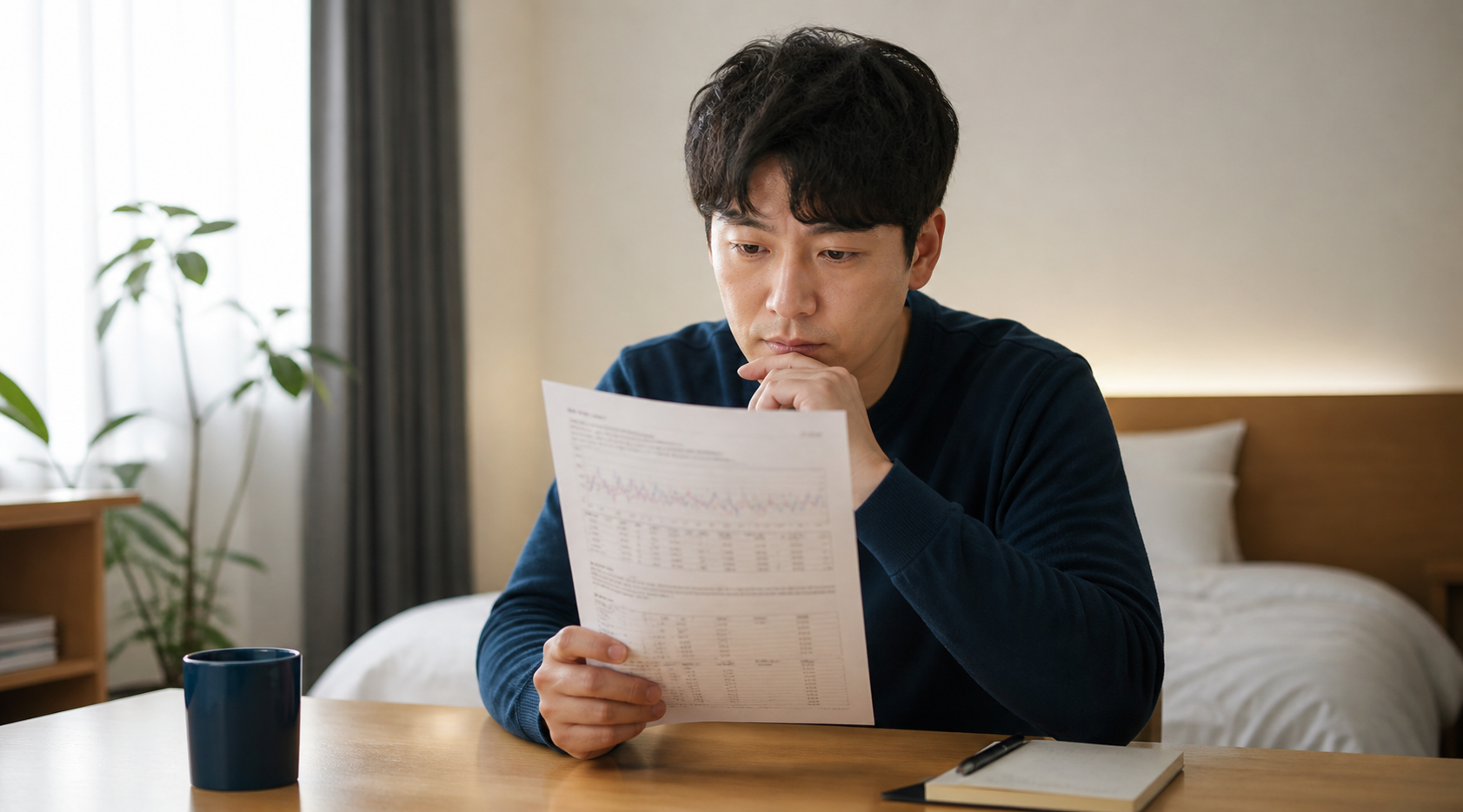 수면다원검사 결과지를 확인하는 남성