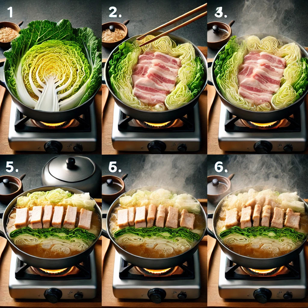 4️⃣ 밀푀유나베 끓이기
준비한 육수를 냄비에 붓고, 중약불에서 끓여줍니다.
배추가 숨이 죽고 고기가 익으면 불을 줄이고 간을 맞춰주세요.
마지막으로 쑥갓을 올려 살짝 익히면 완성!