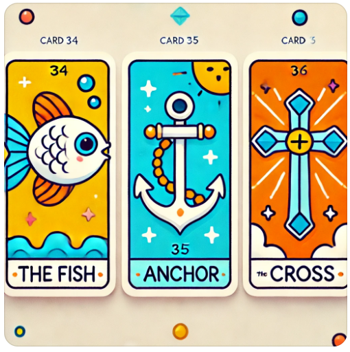 레노먼드 타로카드: 34번 물고기, 35번 닻, 36번 십자가 카드