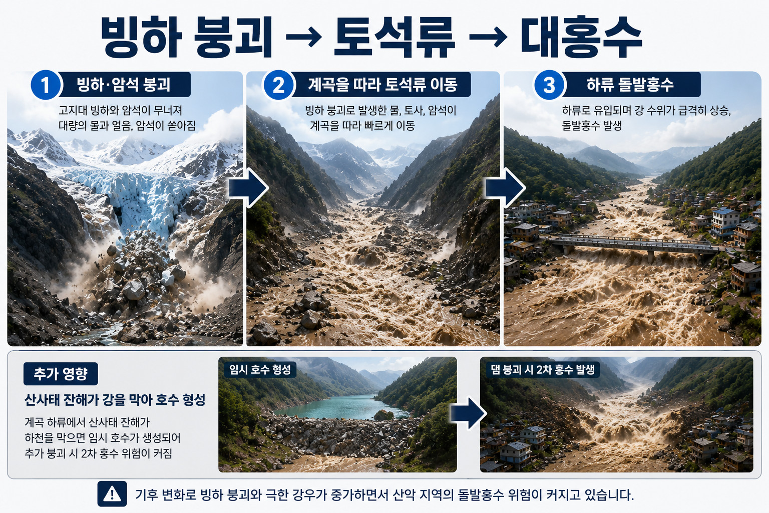 히말라야 빙하 붕괴에서 토석류와 네팔 대홍수로 이어지는 발생 과정을 설명한 인포그래픽