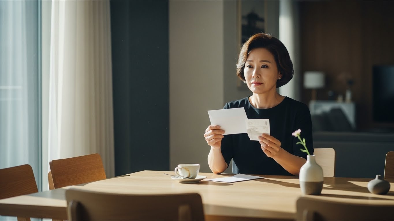 퇴사 후 처음으로 배달된 건강보험료 고지서를 보고 금액을 확인하며 고민하는 여성의 모습