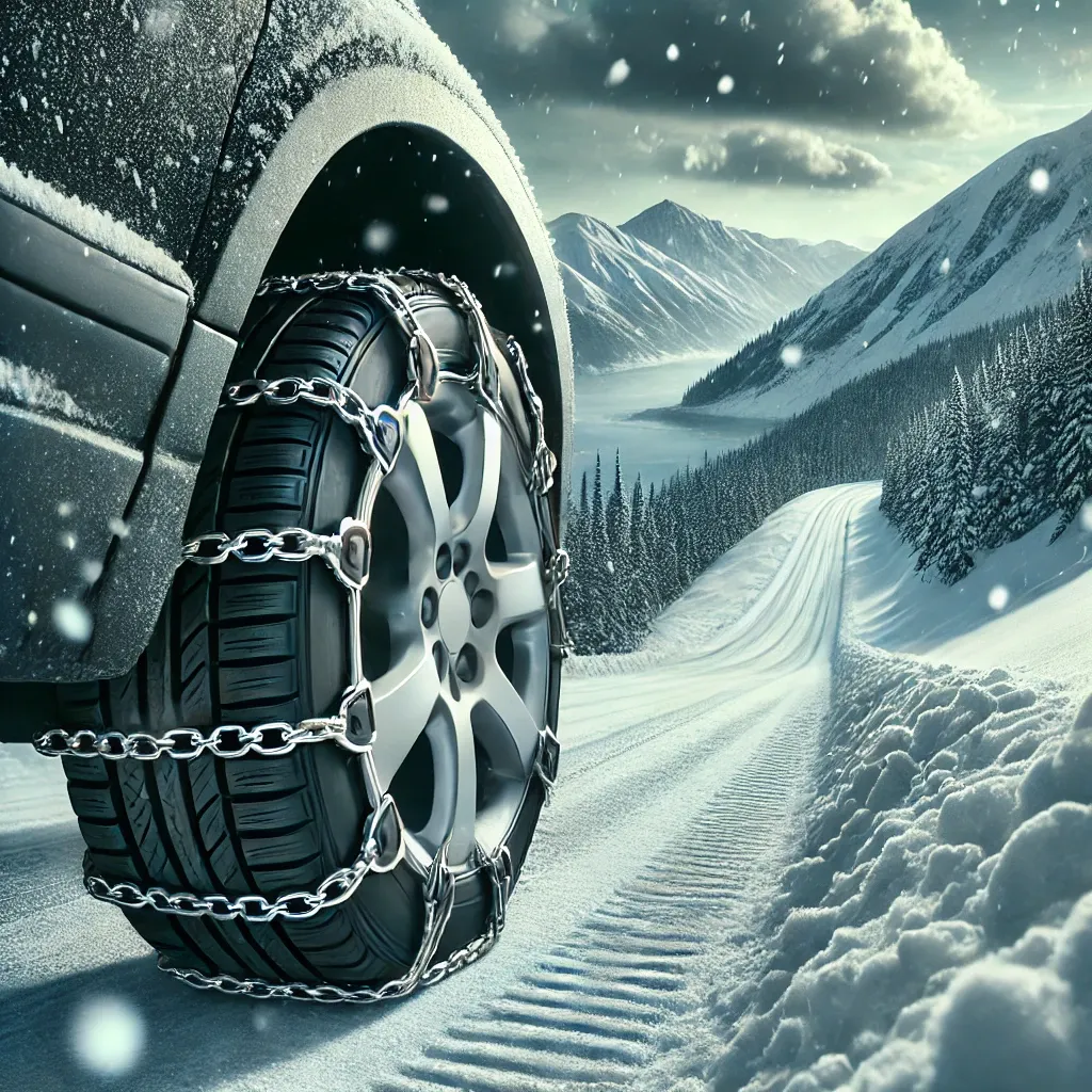 눈길에서 금속 체인을 장착한 타이어와 산길 배경