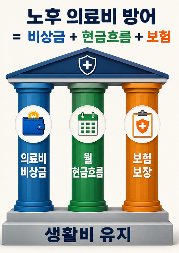 노후 의료비 준비를 비상금 현금흐름 보험으로 나눈 구조
