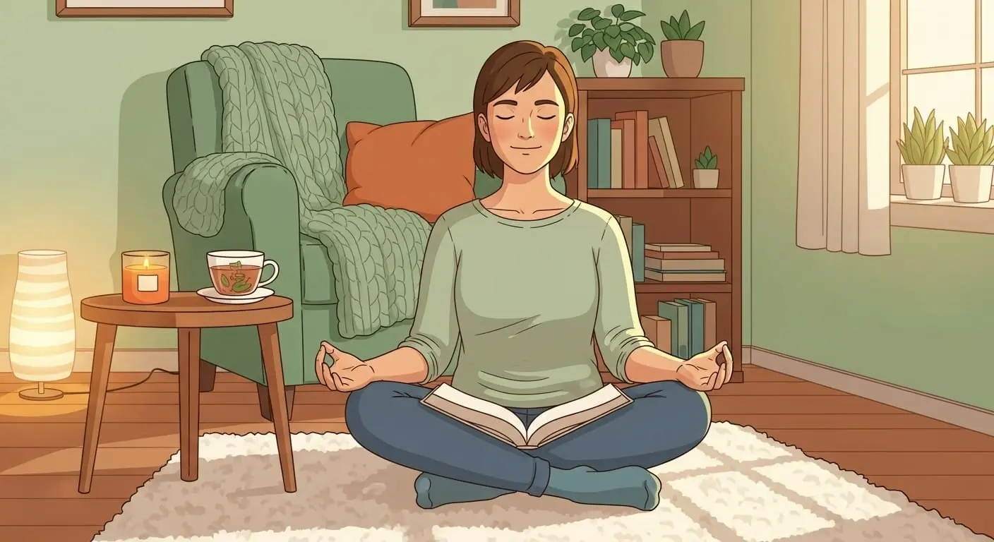 따뜻하고 아늑한 공간에서 편안하게 명상하거나 휴식을 취하며 스트레스를 관리하는 사람의 모습.